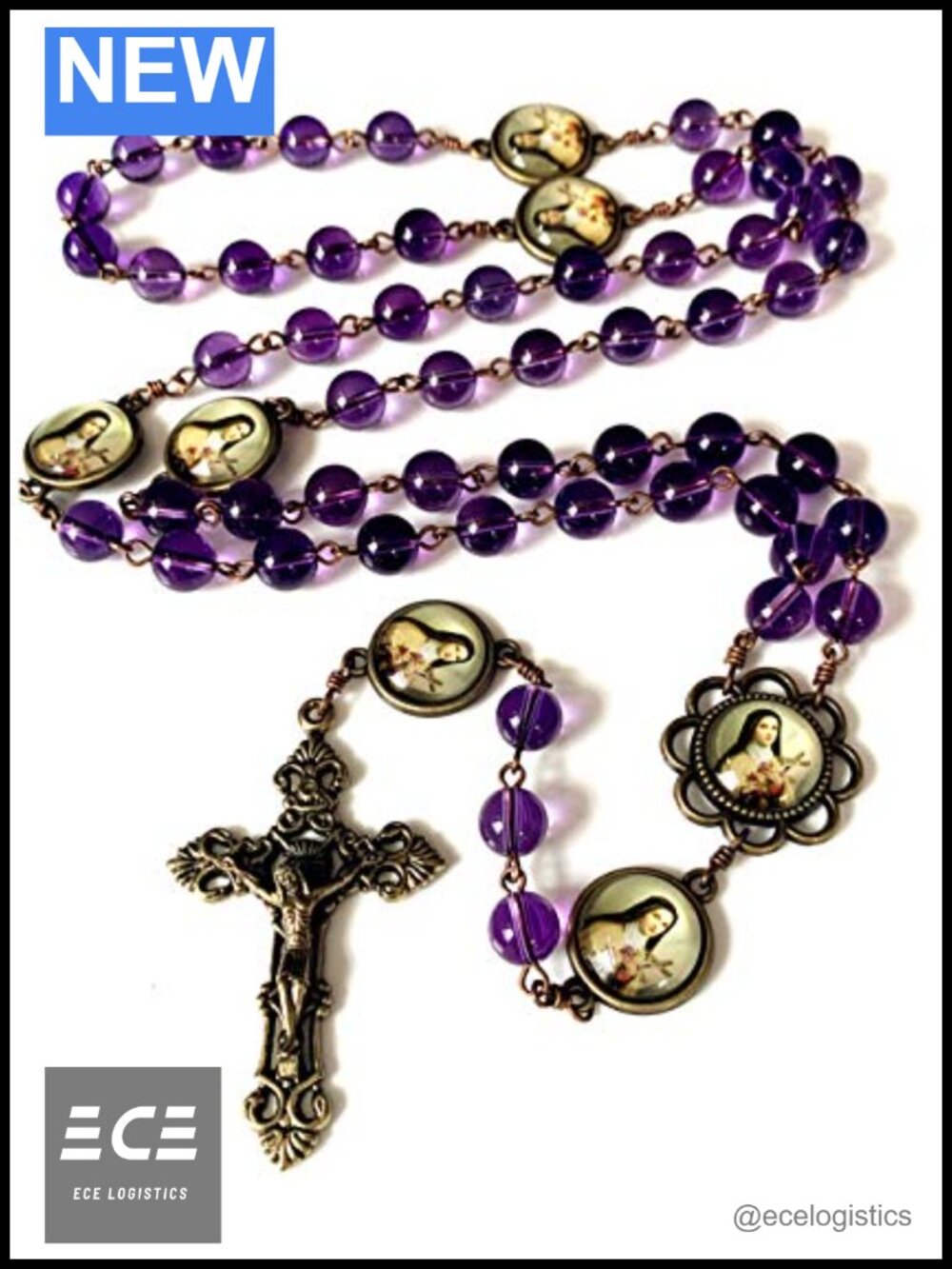 Handmade St. Therese Rosary Cross Crucifix Necklace Amethyst Beads Catholic Gift